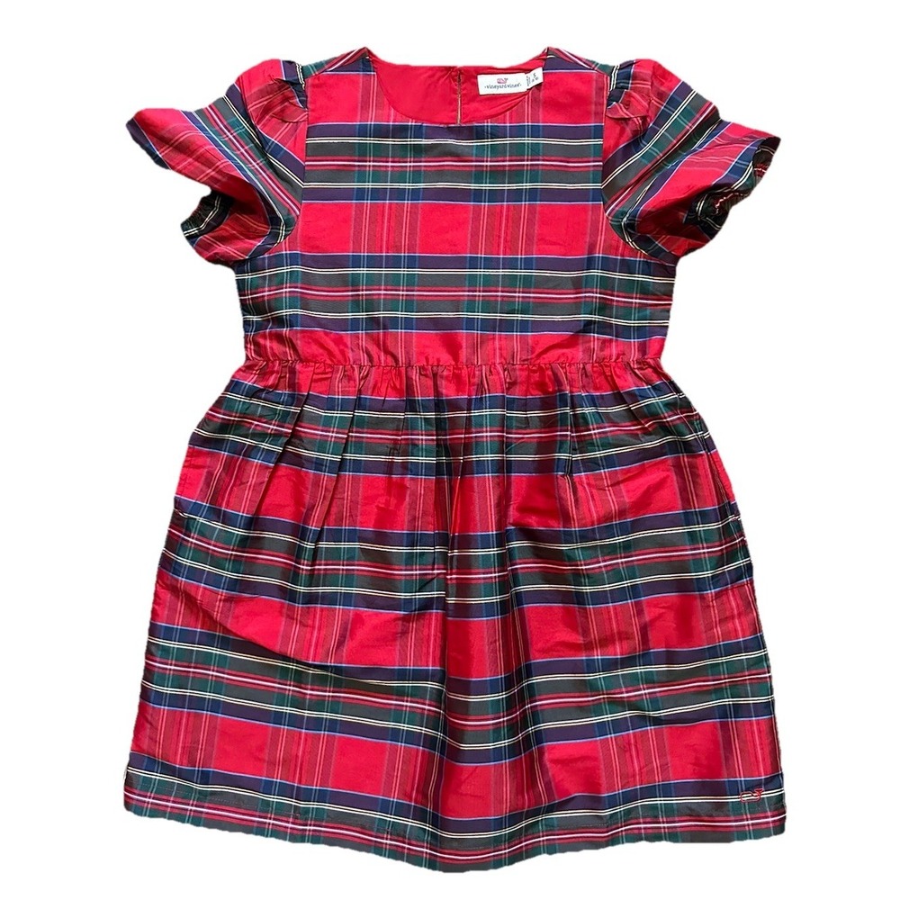 Vineyard Vines Girls Plaid Dress Size S 8-10 Red Holiday Puff Sleeve Fit & Flare